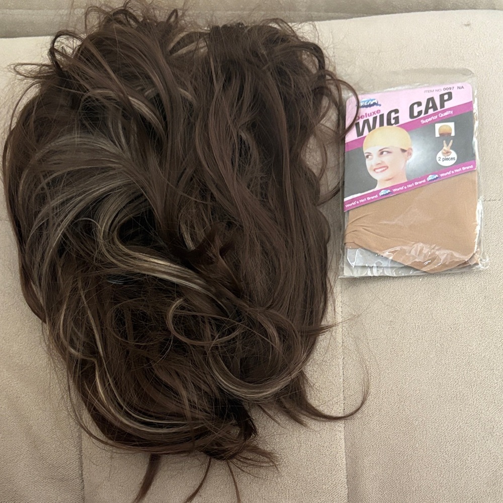 Brown Wig with Highlights with Wig Cap